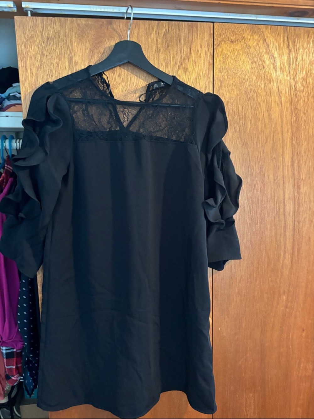 Zara Black Mini Dress with Lace Yoke and Ruffled Sleeves
